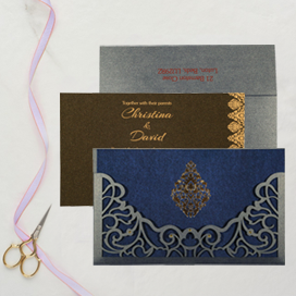 BLUE SHIMMERY DAMASK THEMED - LASER CUT WEDDING CARD : CIN-8262E