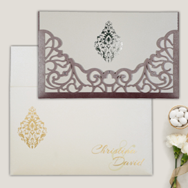 PURPLE SHIMMERY DAMASK THEMED - LASER CUT WEDDING CARD : CIN-8262B