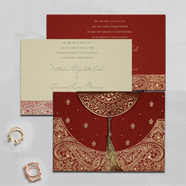 RED HANDMADE COTTON EMBOSSED WEDDING CARD : CD-8234L
