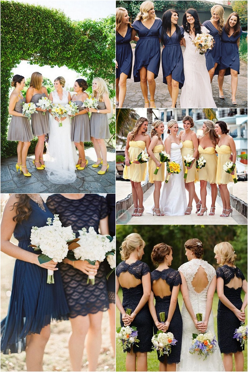 Black, grey, yellow bridesmaids dresses