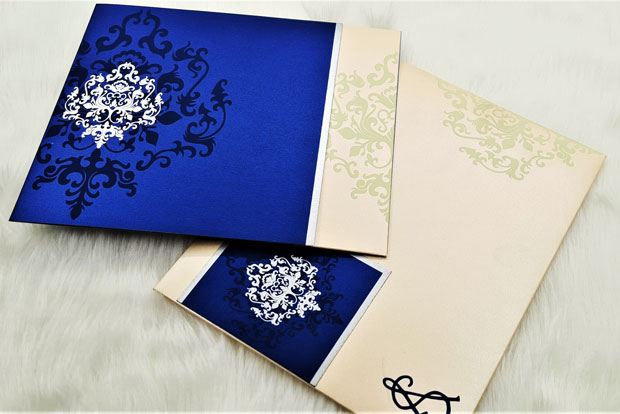 BLUE IVORY SHIMMERY DAMASK THEMED - SCREEN PRINTED WEDDING CARD